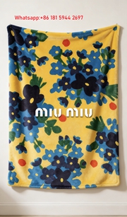 Miu Miu Floral Print Flannel Throw Blanket Vibrant Sunflower Yellow with Cobalt & Navy Blue Flowers IMG_0442